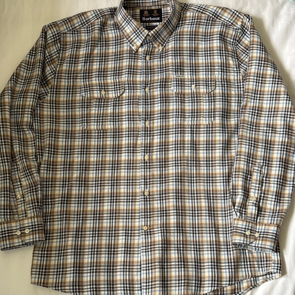 Barbour blue/brown/white plaid button down shirt 2 chest pockets EUC